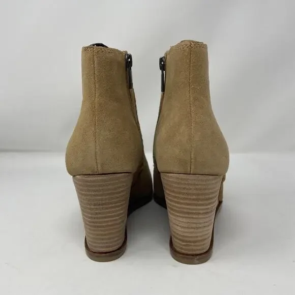 Lucky Brand Lureli Wedge Booties 9 Suede Open Toe Stacked Heel Leather Tan - Picture 7 of 8